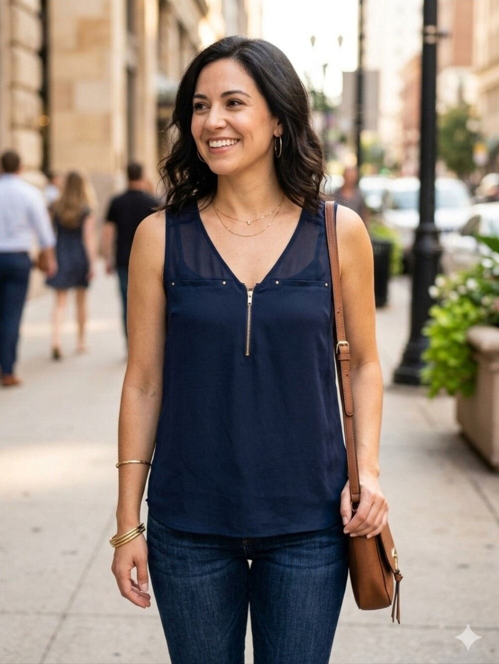 Tempted Navy Zip-Front Sleeveless Camisole with Gold Accents